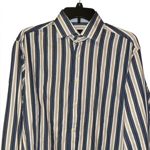 Kenneth Roberts Platinum Men’s Striped Dress Shirt Flip Cuff Blue‎ Brown Medium
